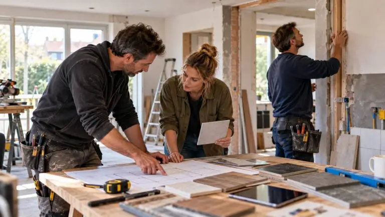 Vakmensen uit verschillende disciplines werken samen aan een woningrenovatie